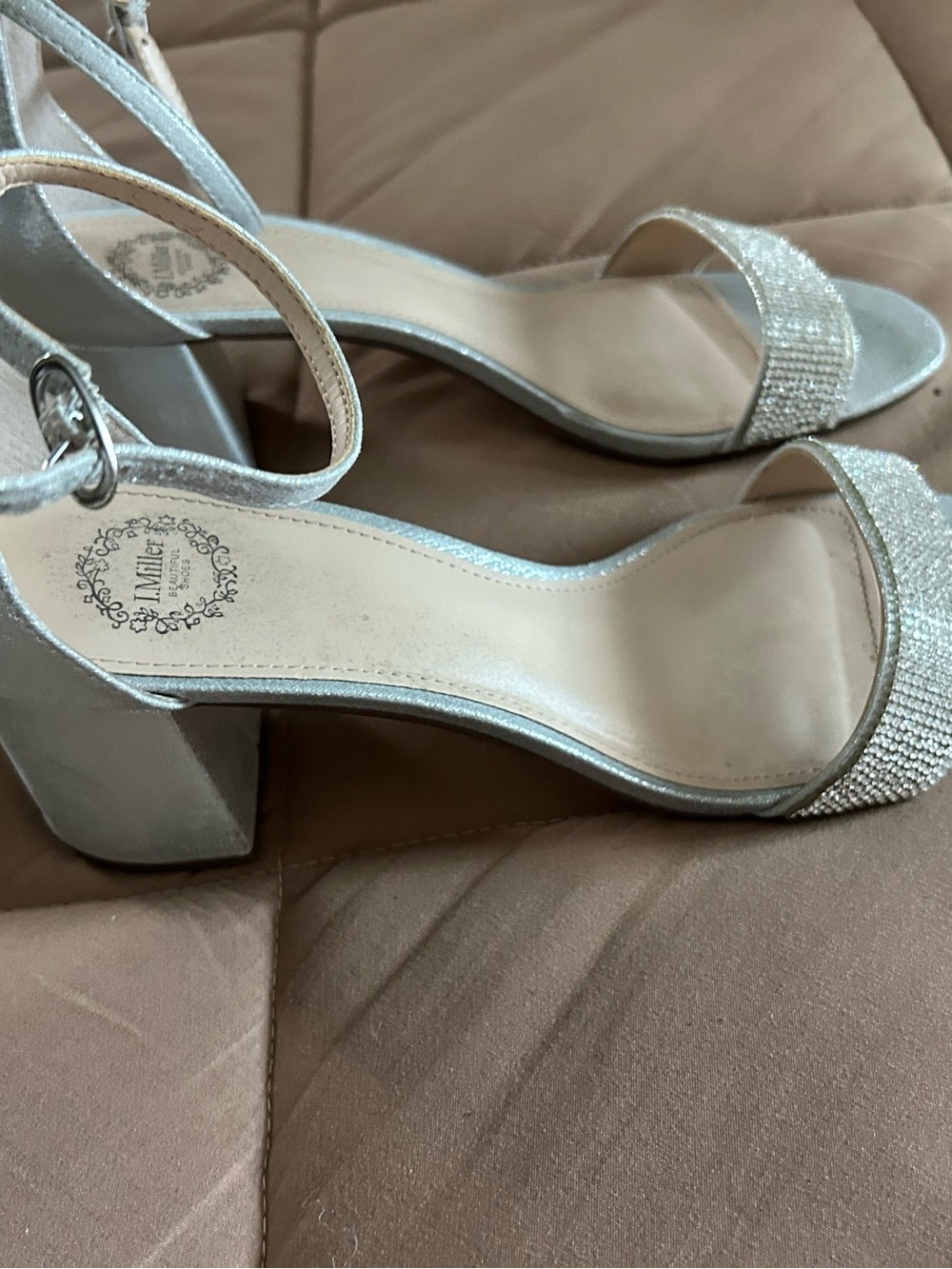Crystal-Embellished Silver Block Heel Ankle-Strap Sandals